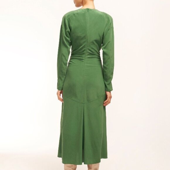 EQUIPMENT FEMME‎ Arya Green Silk Ruched Midi Dress Elegant Old Money Chic - Picture 4 of 16